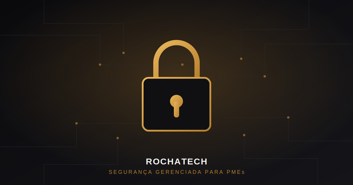 Ilustração de um cadeado digital dourado sobre um fundo escuro com padrão de circuito, representando um ataque de ransomware